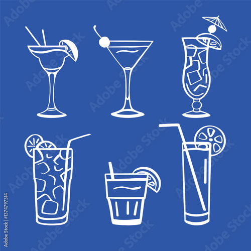 Vector illustration of cocktail glasses with various drinks, ice, fruit, and straws. Minimalistic line art on a blue background. Perfect for bar menus, restaurant designs, posters, and cocktail-themed