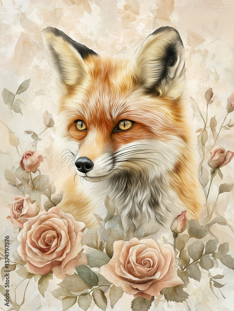 Fototapeta premium Red fox in soft rose garden watercolor background