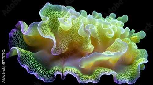Vibrant green sea slug Elysia chlorotica macro photograph showing detailed texture and bioluminescent glow against dark background, underwater marine life study. photo