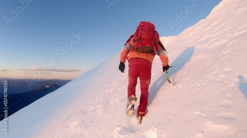 A climber ascends a snowy peak. The low-angle shot accentuates the arduous journey and the breathtaking view of distant mountains.