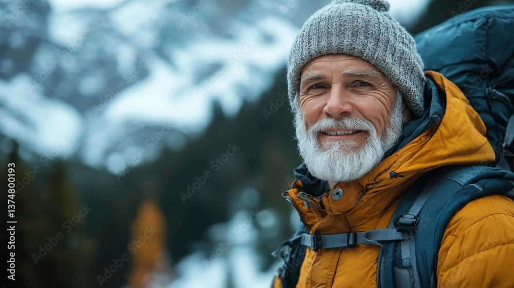 Smiling hiker with beard enjoys mountain vista, cold weather and wearing a beanie Smiling hiker with beard enjoys mountain vista, cold weather and wearing a beanie