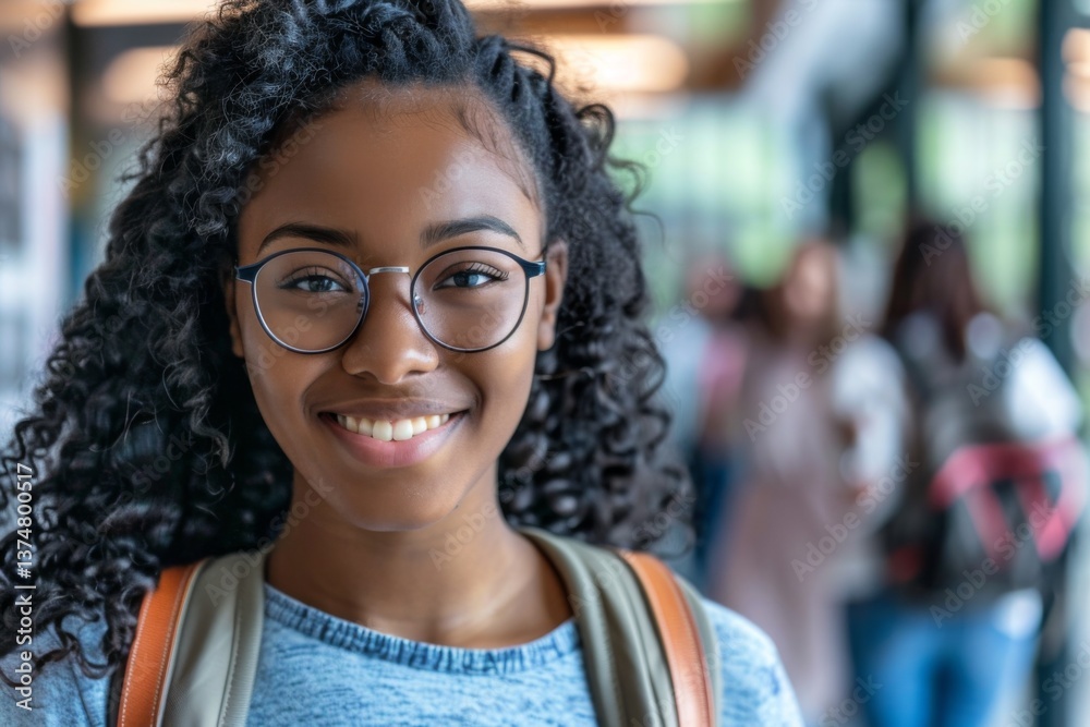 Fototapeta premium Smiling portrait of a young female African American student in a college in the USA