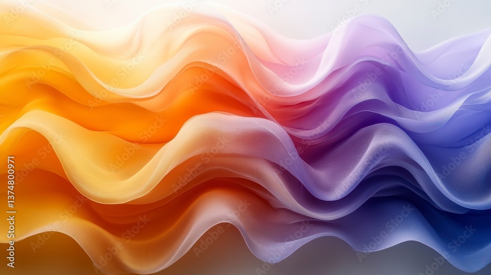 Flowing fabric layers transition from warm yellow/orange to cool purple/blue Flowing fabric layers transition from warm yellow/orange to cool purple/blue