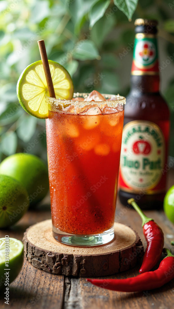 Vibrant Michelada cocktail with lime and spices on rustic table, isolated on transparent background, perfect for Mexican cuisine ads, beverage branding, and travel promotions keywords: Michelada