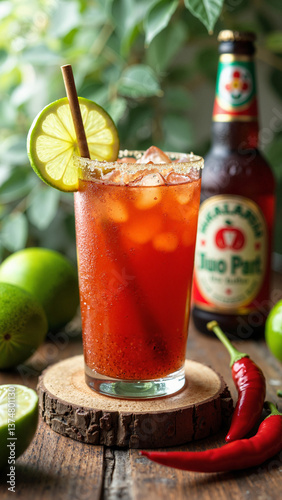 Obraz na płótnie Vibrant Michelada cocktail with lime and spices on rustic table, isolated on transparent background, perfect for Mexican cuisine ads, beverage branding, and travel promotions keywords: Michelada w salonie