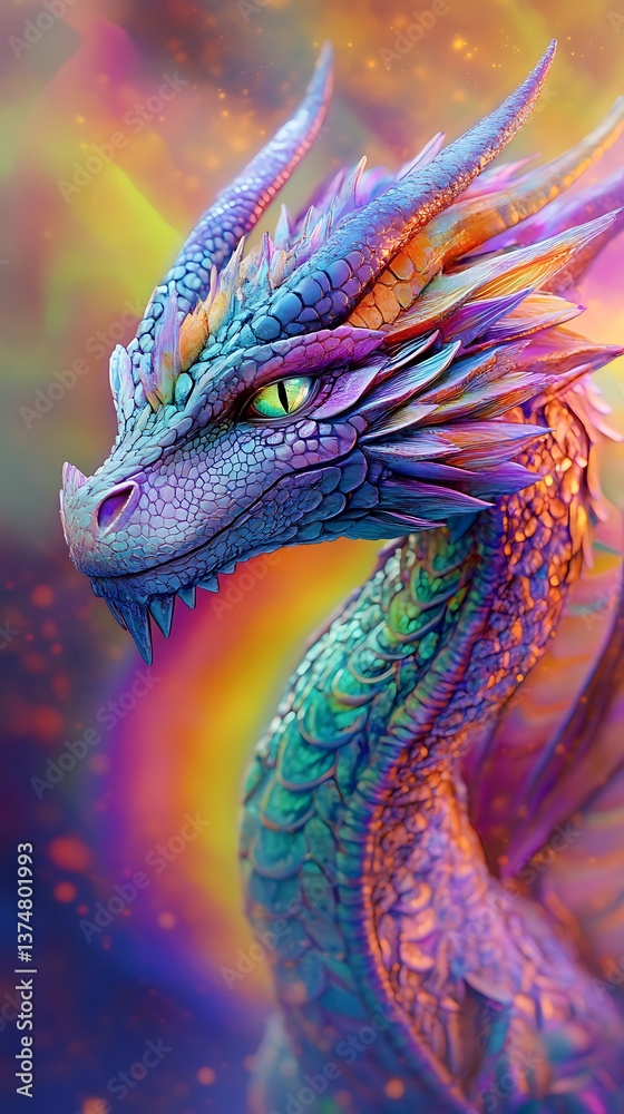 Obraz premium Mythical dragon roars beneath the bright arc of a rainbow image