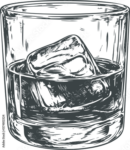 Glass with ice cubes in hand drawn