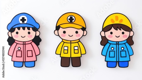 Playful Cartoon Characters in Colorful Outfits Representing Helpers and Professionals in a Cheerful Style