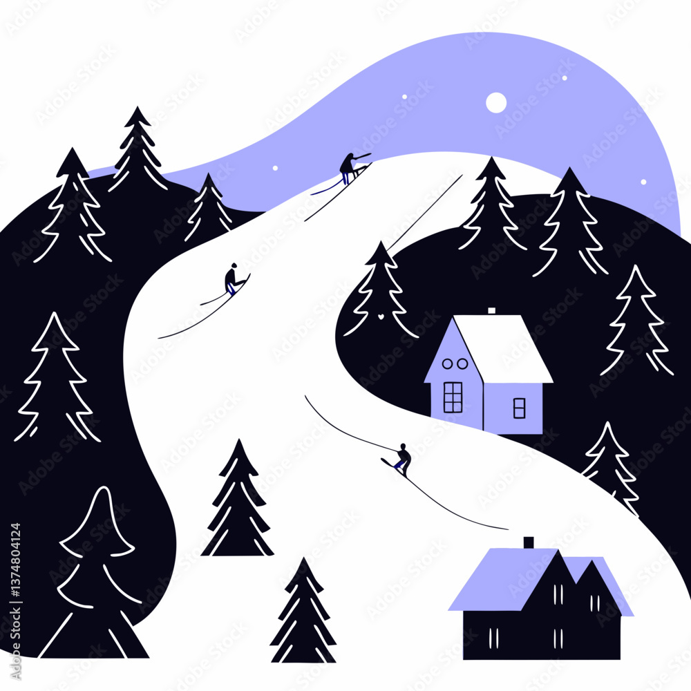 Fototapeta premium Winter Ski Resort with Snowy Cabins 