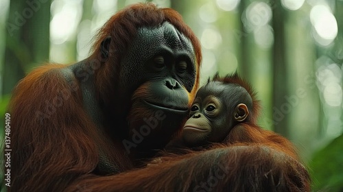 Mother Orangutan: A touching moment between a mother orangutan and her baby. 