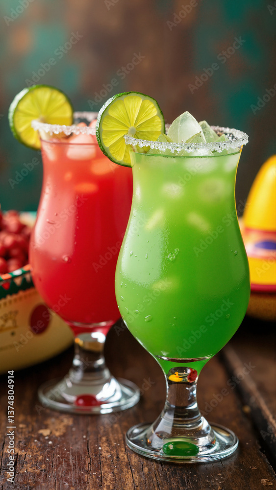 Vibrant margaritas in red and green glasses with lime garnishes and sombrero, isolated on transparent background, ideal for Cinco de Mayo promotions, bar menus, and festive marketing keywords: