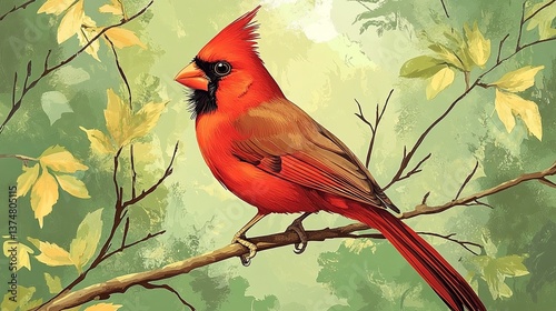 Northern Cardinal Bird: A vector illustration of a northern cardinal bird perched on a branch. 