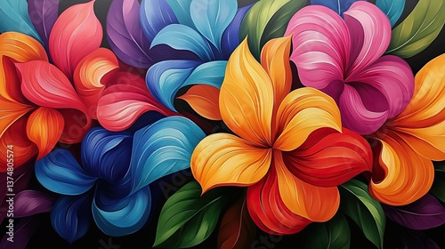 Oil painting depicting vibrant flowers in a range of colours 