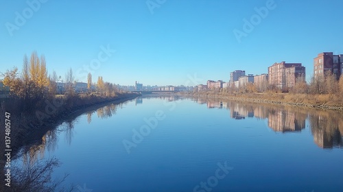 Oil storage tanks by a river, reflecting a clear blue sky in a commercial setting. 