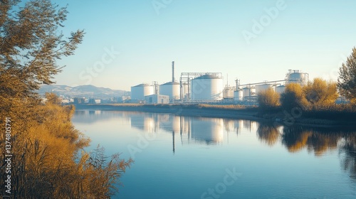 Oil storage tanks by a river, reflecting a clear blue sky in a commercial setting