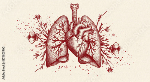 Heart and lungs illustration with floral elements in red tones  