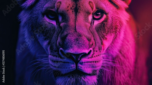 Old-style film photograph of a lion's face, in purple-pink tones. Wildlife illustration,