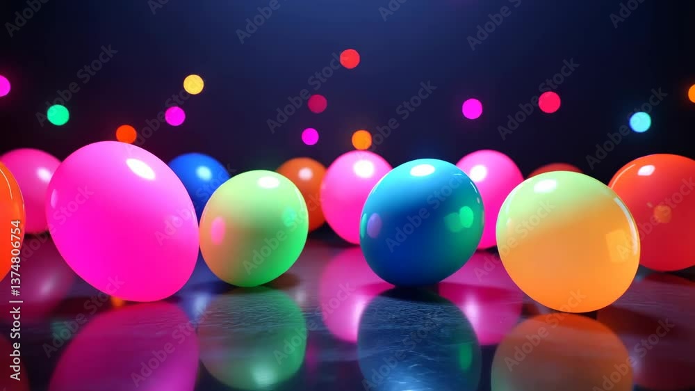 Vibrant neon bouncing balls with dynamic motion and colorful background lights