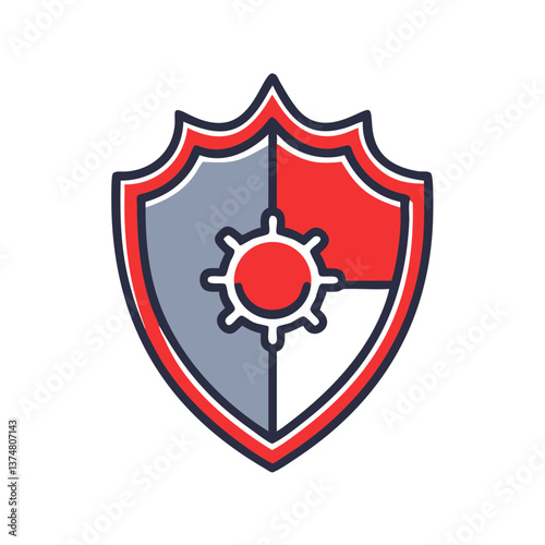 Shield Icon with Gear Symbol in Red and Gray Colors  