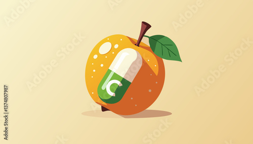 Orange fruit with a green capsule illustration on a soft background  