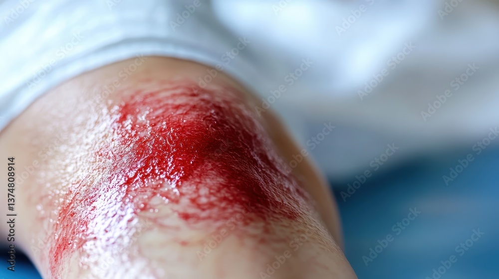 Fototapeta premium Cleaning fresh wound with antiseptic, carefully disinfecting scraped knee to prevent potential infection and support healing process for injured skin surface