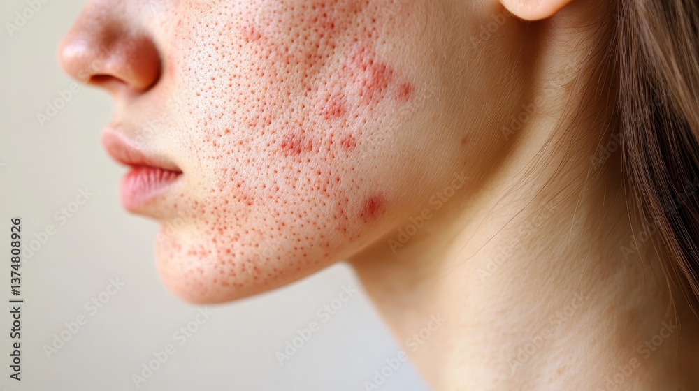 Obraz premium Close up revealing severe acne covering woman's chin, highlighting problematic skin texture and dermatological challenges requiring professional skincare intervention