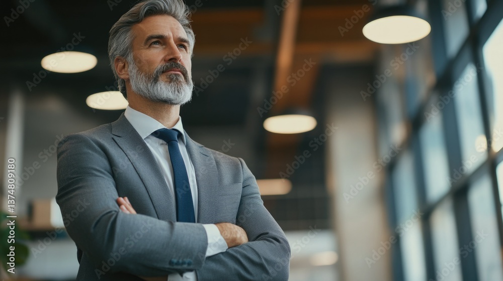 A man in a business suit with arms crossed, embodying corporate success and confidence.