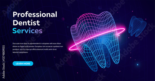 Professional dentistry service banner. Futuristic wireframe tooth with neon glowing ring, dentistry and modern technology. Dental care concept, innovation, medical advancements. Vector illustration