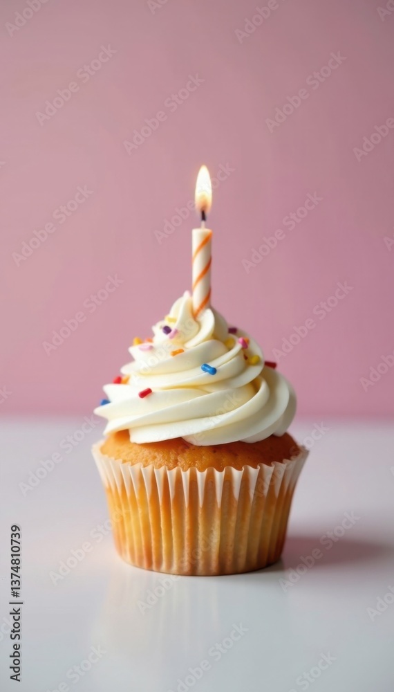 A single, delicious birthday cupcake sitting on a minimalist light-colored table surface, food, baked good A single, delicious birthday cupcake sitting on a minimalist light-colored table surface, food, baked good