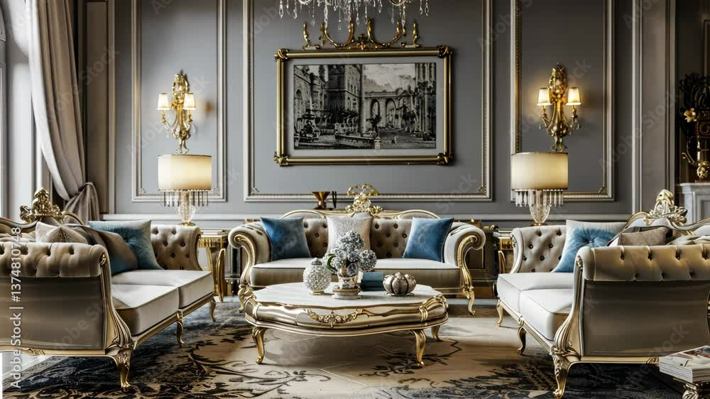 Elegant living room with classical furniture and luxurious fabrics