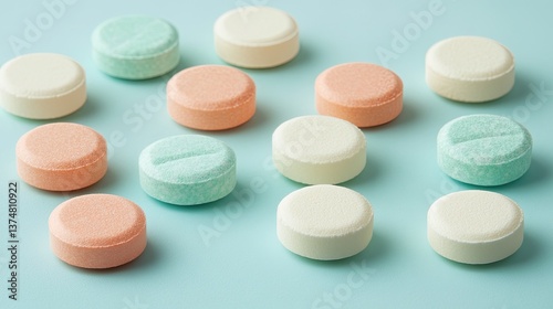 Photograph of assorted tablets on a light blue surface 