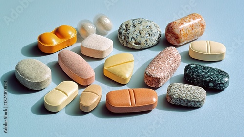 Photograph of assorted tablets on a light blue surface 