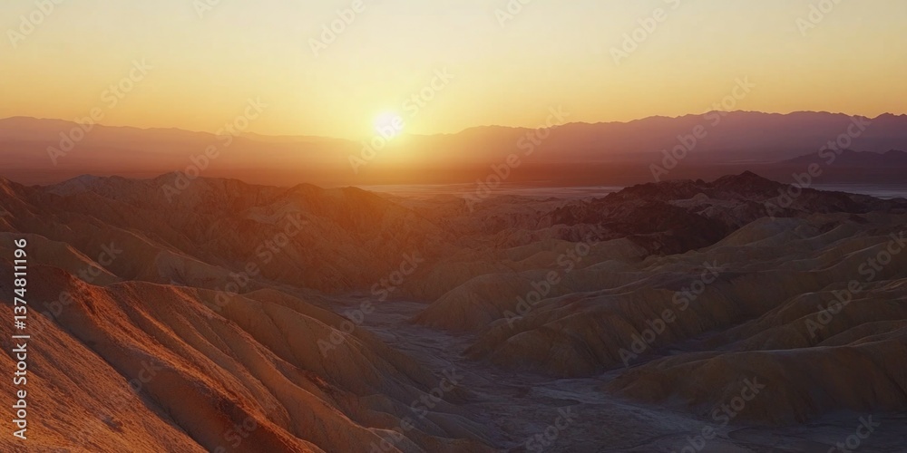 Fototapeta premium Vast desert at sunset with mountains, water body, and unique terrain.
