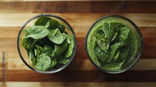 Preparing spinach and avocado green smoothie.
