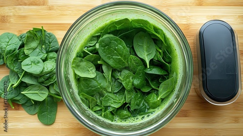 Preparing spinach and avocado green smoothie. 
