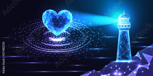 Lighthouse guiding digital heart, concept of trust, hope, and leadership in technology, vector
