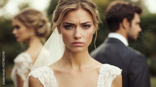 Frustrated bride wearing white wedding gown standing alone, groom and bridesmaid disengaged during outdoor garden wedding ceremony
