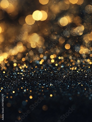 Glittering gold confetti on dark background with bokeh effect. Close-up photography capturing the texture and sparkle of the shimmering particles.