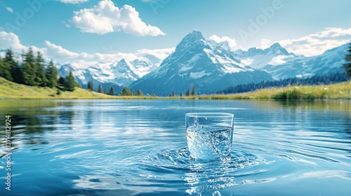 Pure water splashes from a glass, creating ripples on a serene mountain lake, while the towering snow-capped peaks are mirrored in the still water