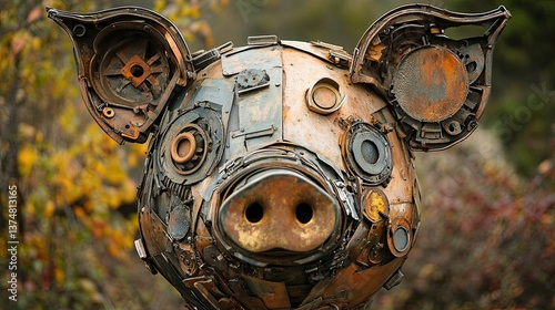 Recycled Pig Sculpture: A pig head sculpture made from upcycled metal parts. 