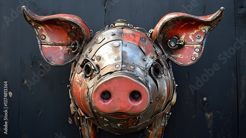 Recycled Pig Sculpture: A pig head sculpture made from upcycled metal parts. 