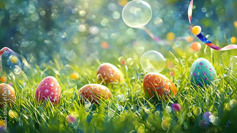 Colorful easter eggs rolling on vibrant spring grass with bubbles and sunlight