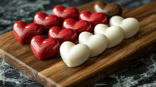 Red and white hearts arranged on a wooden board, ideal for Valentineâ€™s Day.