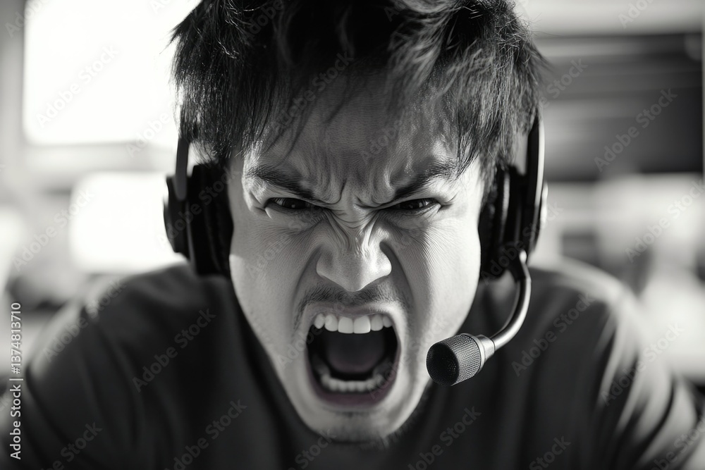 Person with headset and microphone yelling