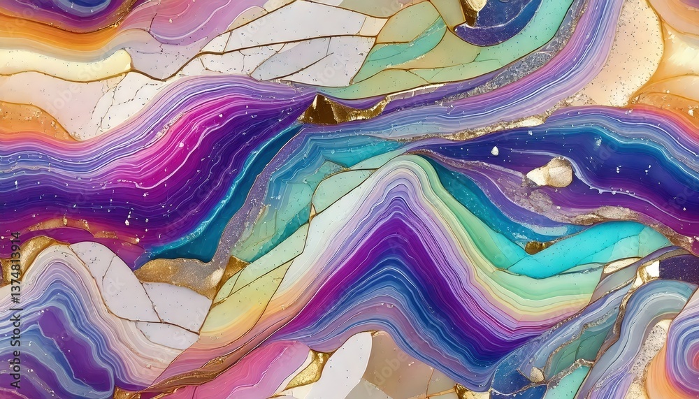 Naklejka premium Colorful Mosaic Art Texture – Stained Glass Style Design Background, Iridescent Metallic Mosaic – Unique and Fantasy-Inspired Background, Abstract Mosaic with Gemstone Shine – Perfect for Digital Art