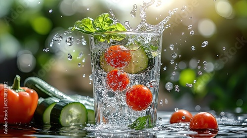 Refreshing water splashes into a glass with cherry tomatoes, surrounded by cucumbers and peppers, set against a blurred, idyllic background.