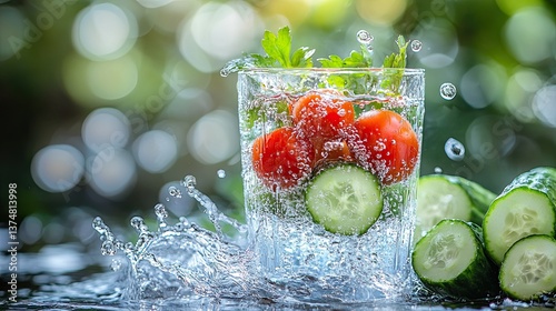 Refreshing water splashes into a glass with cherry tomatoes, surrounded by cucumbers and peppers, set against a blurred, idyllic background.