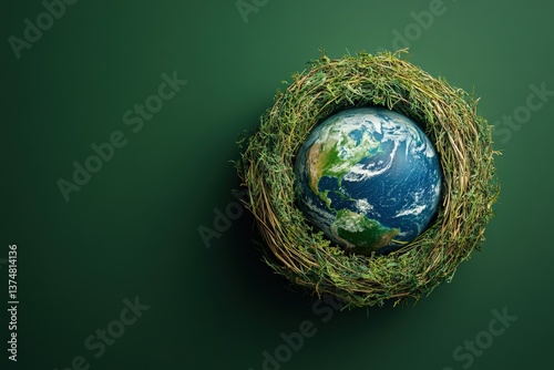 Planet earth sits safely inside a natural nest on green background