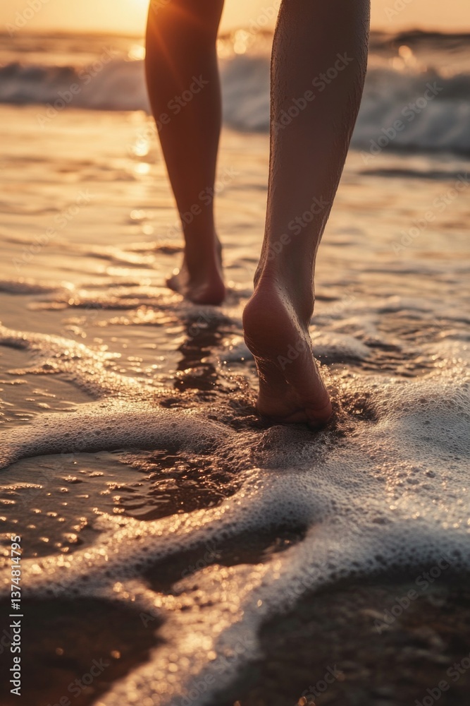 Naklejka premium Walking on wet beach at sunset with feet in water and surf foam from crashed waves.
