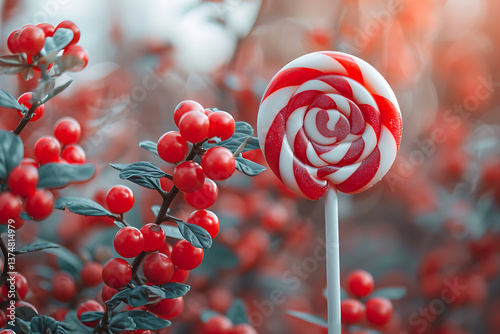 candy illustration, palo con lollipop rojo y blanco en vista plana photo